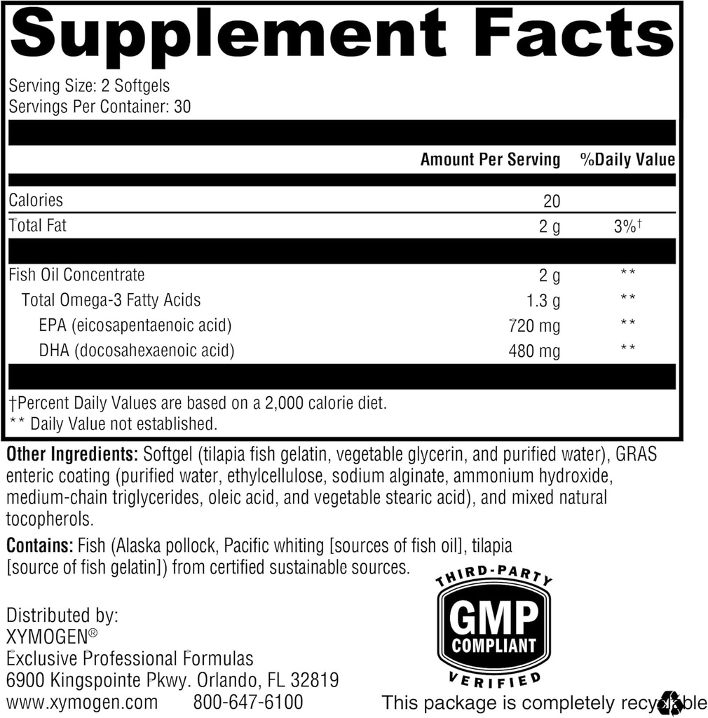 XYMOGEN OmegaPure 600 EC - International Fish Oil Standards (IFOS) Five-Star Certified Fish Oil - DHA EPA Omega-3 Supplement for Cardiovascular + Cognitive Support (120 Softgels) 3