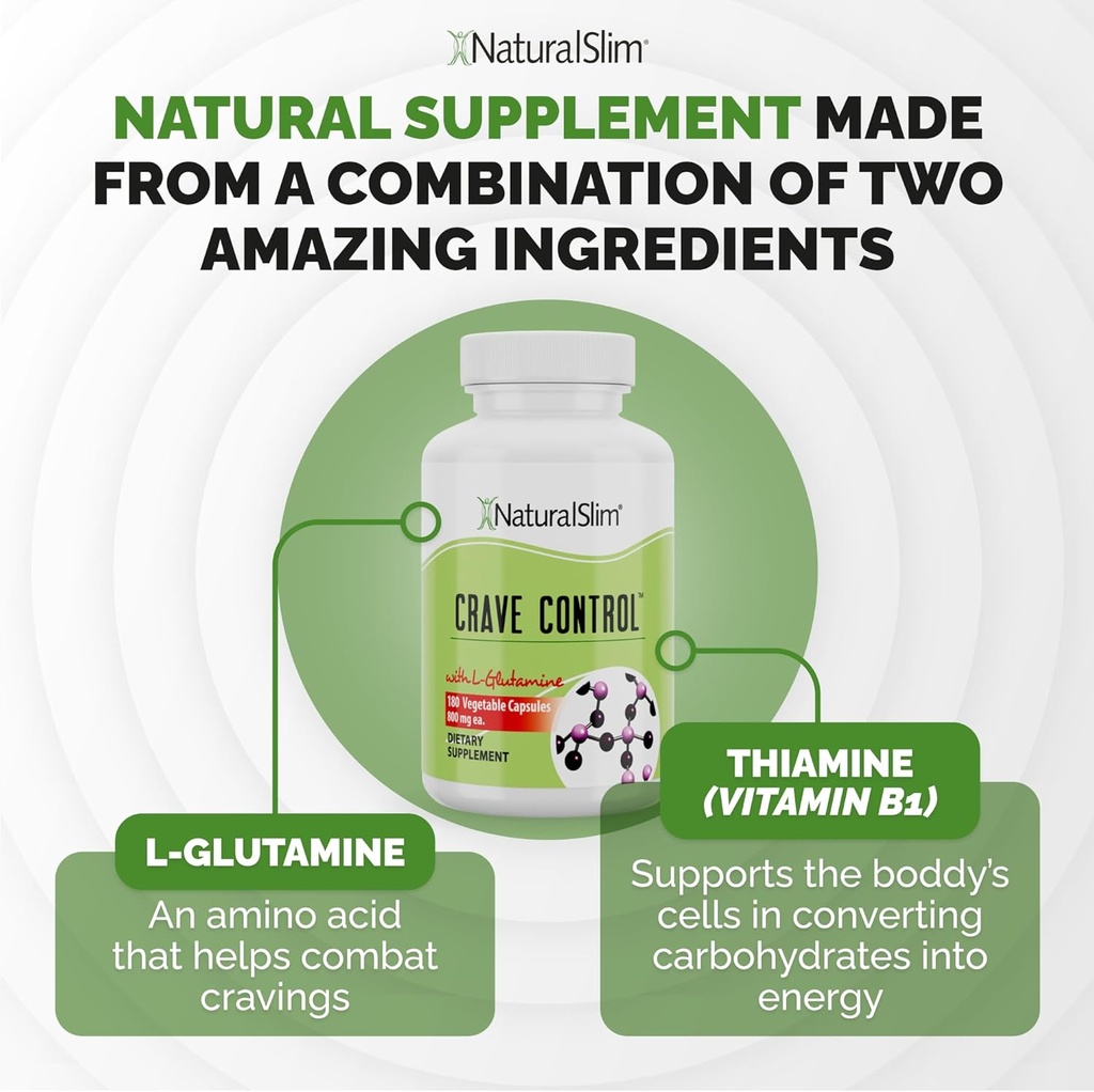 NaturalSlim Natural Appetite Suppressant - Craving Blocker Sugar & Refined Carbs Crave Control - Energy & Metabolism Booster with L Glutamine & Thiamine B1 Supplement - 180 Vegetable Capsules 5
