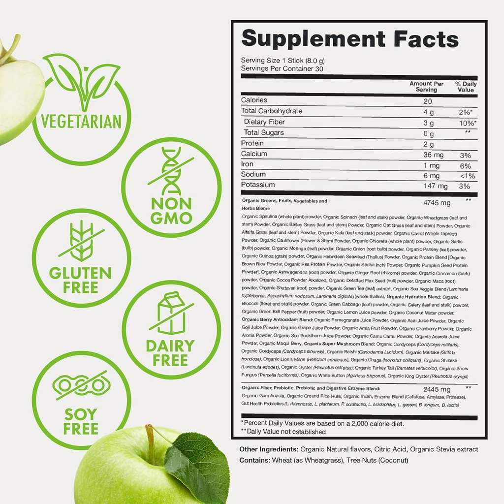 Zena Nutrition Organic Super Greens Powder, 70+ Superfoods, 0 Sugar, 3G Fiber, Spirulina, Chlorella, Antioxidants, Prebiotics/Probiotics, Digestive Enzymes, Green Apple, 30 Drink Mix Packets 5