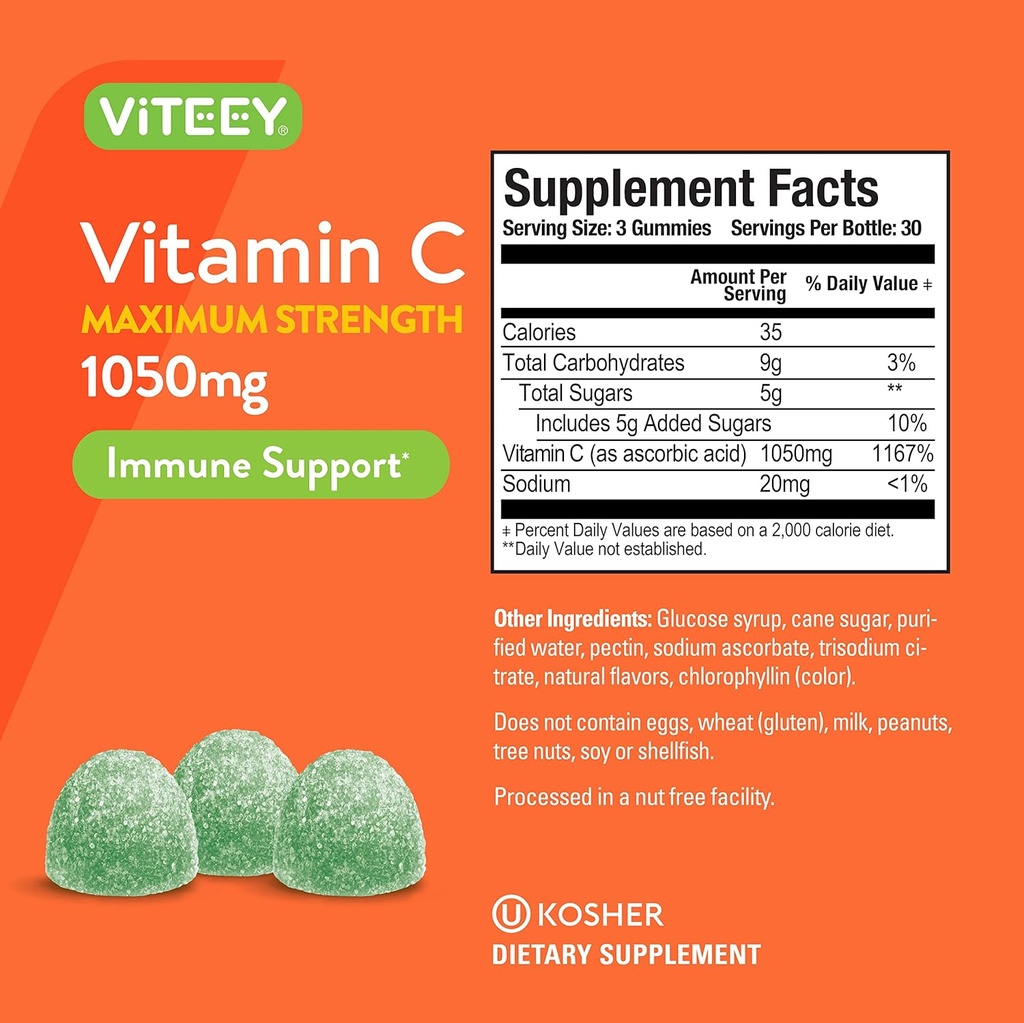 Viteey Chewable Vitamin C Gummies for Adults - 1050mg Maximum Strength Immune Support Supplement - Vegan, Gluten Free - 180 Count 4