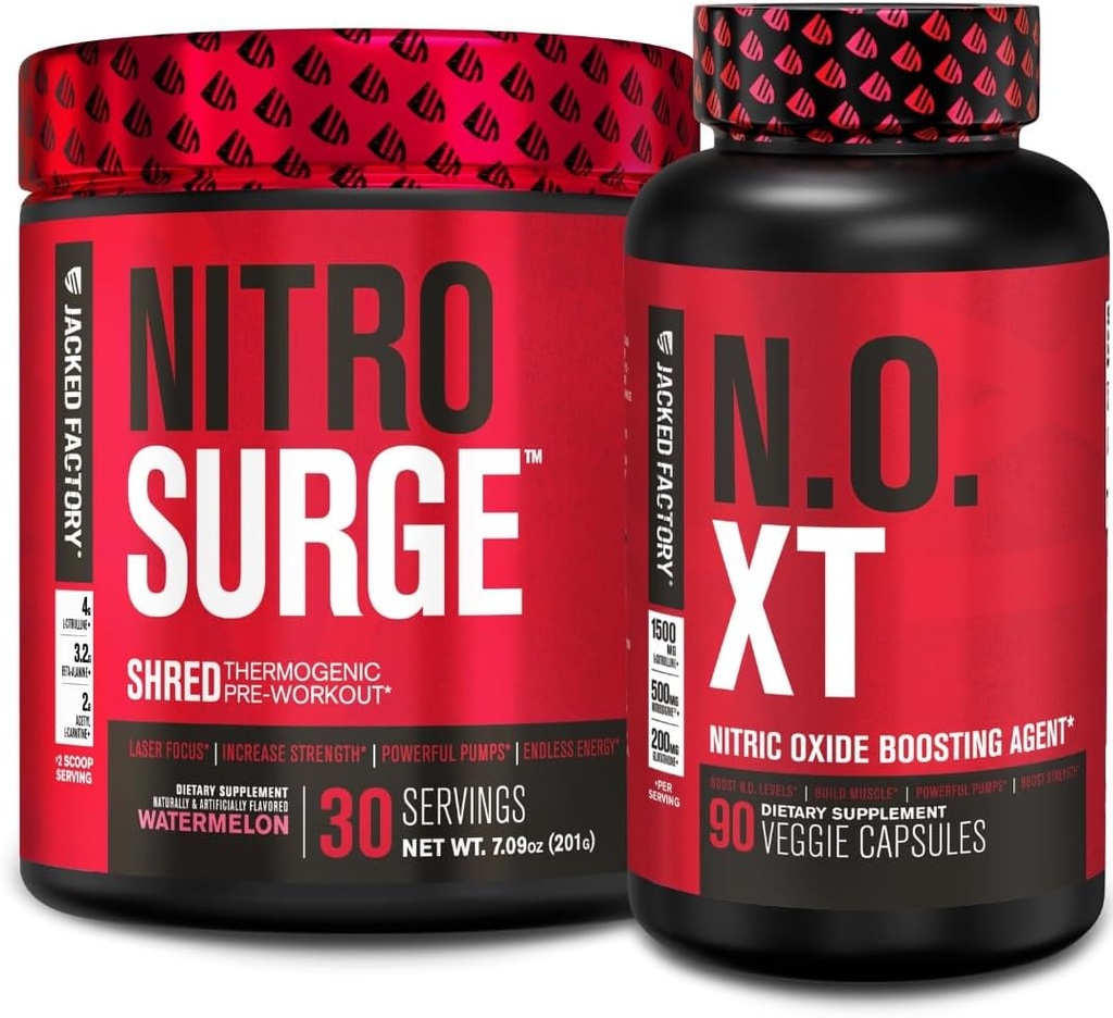 Jacked Factory Nitrosurge Shred Thermogenic Pre-Workout in Watermelon & N.O. XT Nitric Oxide Booster for Men & Women 2