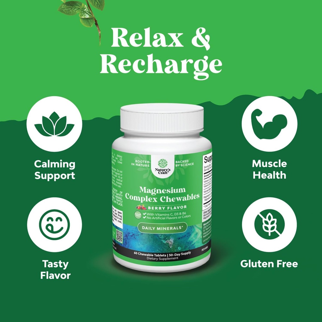 Sugar Free Magnesium Glycinate Chewable - Chewable Magnesium for Adults & Kids with Glycinate Taurate & Citrate Complex Plus Vitamins D3 B6 & C - Vegetarian Non-GMO & No Artificial Flavors (30 Day) 6