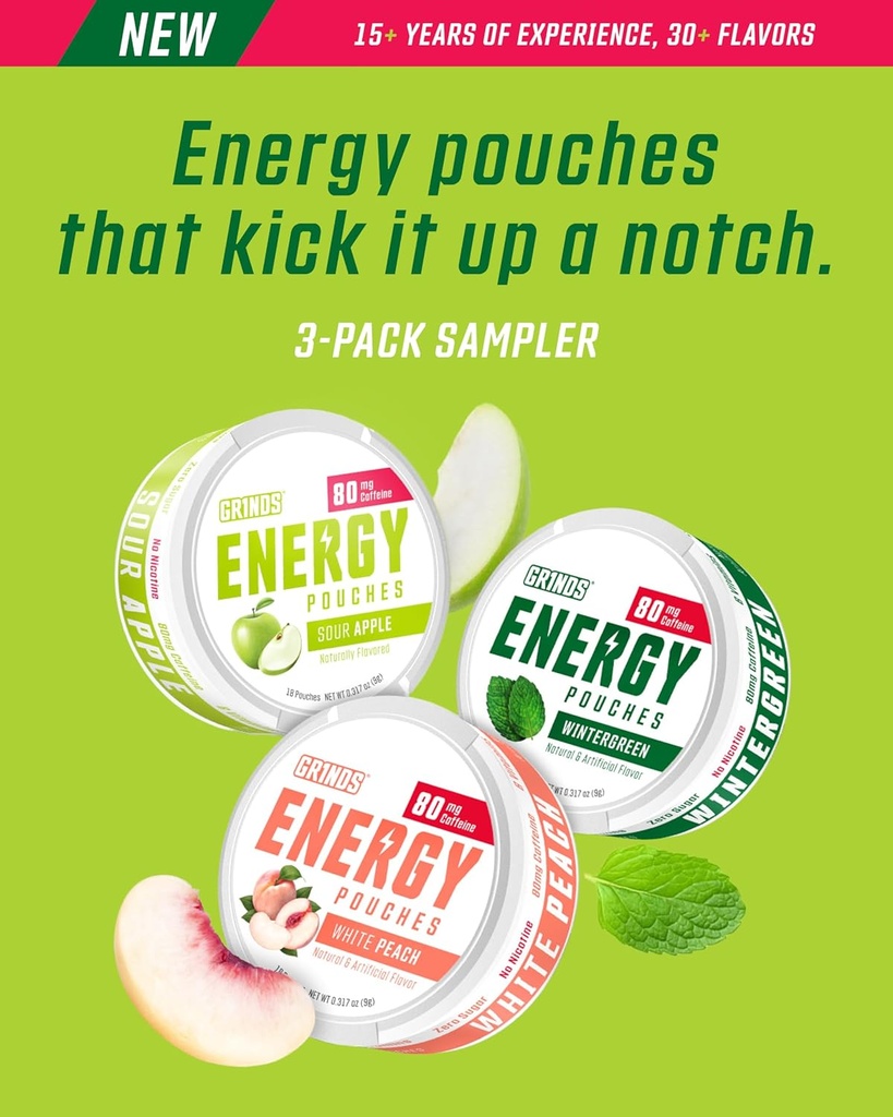 Grinds Energy Pouches - Natural Caffeine Pouches - Contains B-Vitamins, Sugar-Free, & 0 Calories - 80mg of Caffeine in Each Pouch - Wintergreen, Peach, & Sour Apple - 3 Pack, 15 Pouches Per Can 4