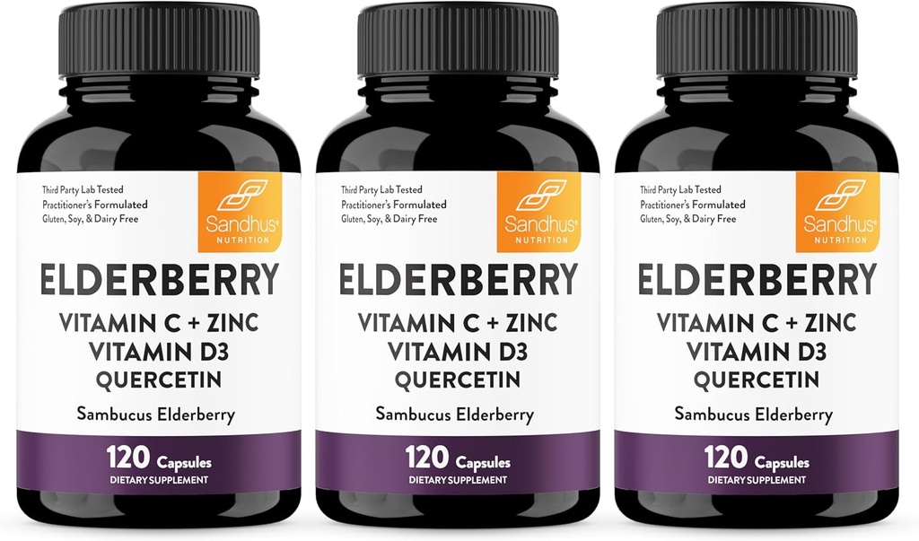 Sandhu's Elderberry Vitamin C and Zinc with Vitamin D3 & Quercetin | Supplement Capsules for Men & Women | Supports Immune Health | 120 Count (Pack of 3) 2