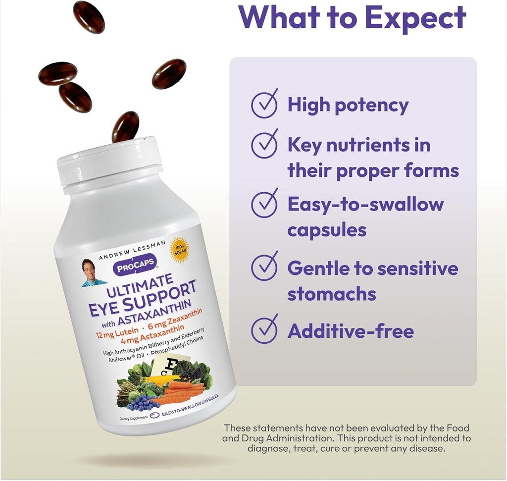 ANDREW LESSMAN Ultimate Eye Support with Astaxanthin 30 Softgels - 12mg Lutein, 6mg Zeaxanthin, 4mg Astaxanthin, Bilberry. Key Nutrients to Support Eye Health, Promote Healthy Vision. No Additives 5