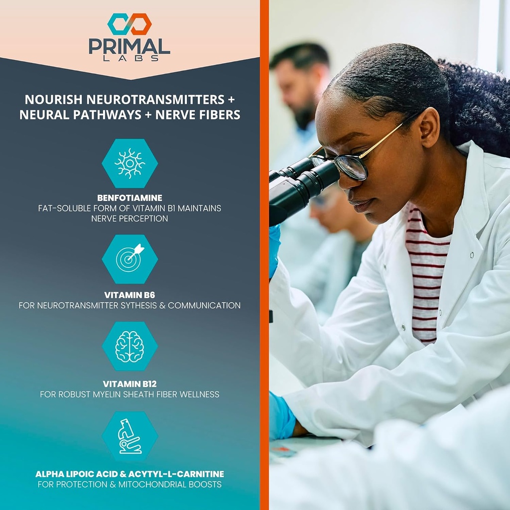 Primal Labs Advanced Nerve Support - Nerve Wellness Supplement with Benfotiamine, B6, B12, Alpha Lipoic Acid, Acetyl-L-Carnitine - Nerve Wellness, Feet, Legs, Sensory Function, Comfort - 60 ct. 3