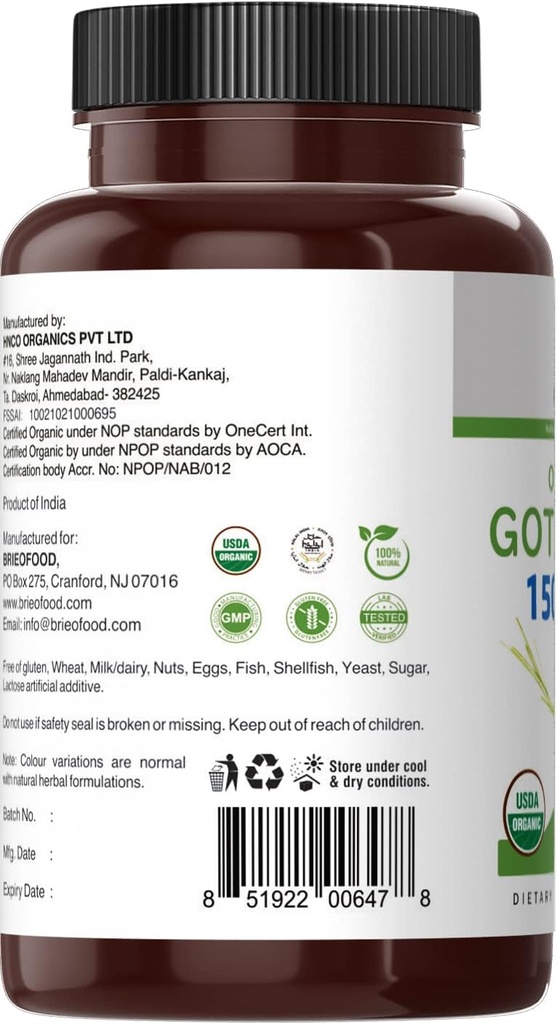 Brieofood Organic Gotu Kola 1500mg, 45 Servings, Vegetarian, Gluten Free, 90 Vegetarian Tablets 6