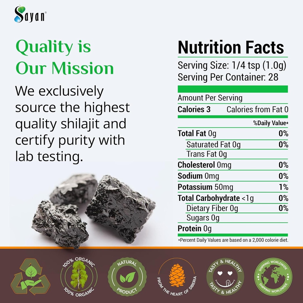 Sayan Pure Shilajit Powder 1oz/28g, 5 Months Supply - Potent Organic Fulvic Acid Supplement - Supports Immune System, Memory, Focus, and Provides Natural Energy - Freeze-Dry Extract, Vegan, Non-GMO 6