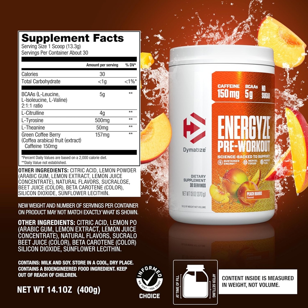 Dymatize Energyze Pre Workout Powder for Men and Women, Peach Mango, 150mg Caffeine, 5g BCAAs, Performance Blend of L-Theanine, L-Tyrosine, L-Citrulline, No Sugar (30 Servings) 5