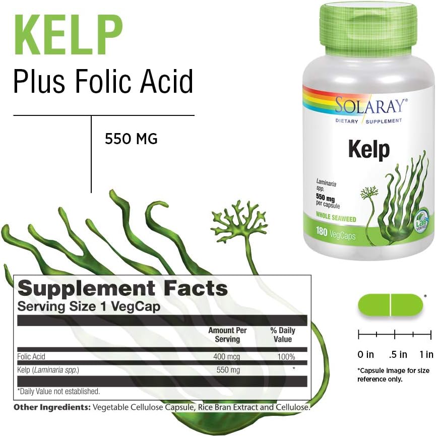 Solaray Kelp 550 mg with Folic Acid for Healthy Thyroid Function, Energy & Metabolism Support | Non-GMO | 180 VegCaps 3