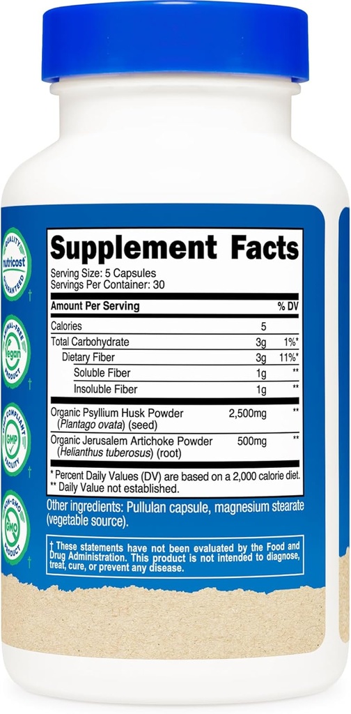 Nutricost Fiber Capsules with Prebiotic Fiber Supplement 150 Capsules - CCOF Certified Supplement, Made with Organic Psyllium Husk & Organic Jerusalem Artichoke, Gluten Free, 3 G Per Serving 5