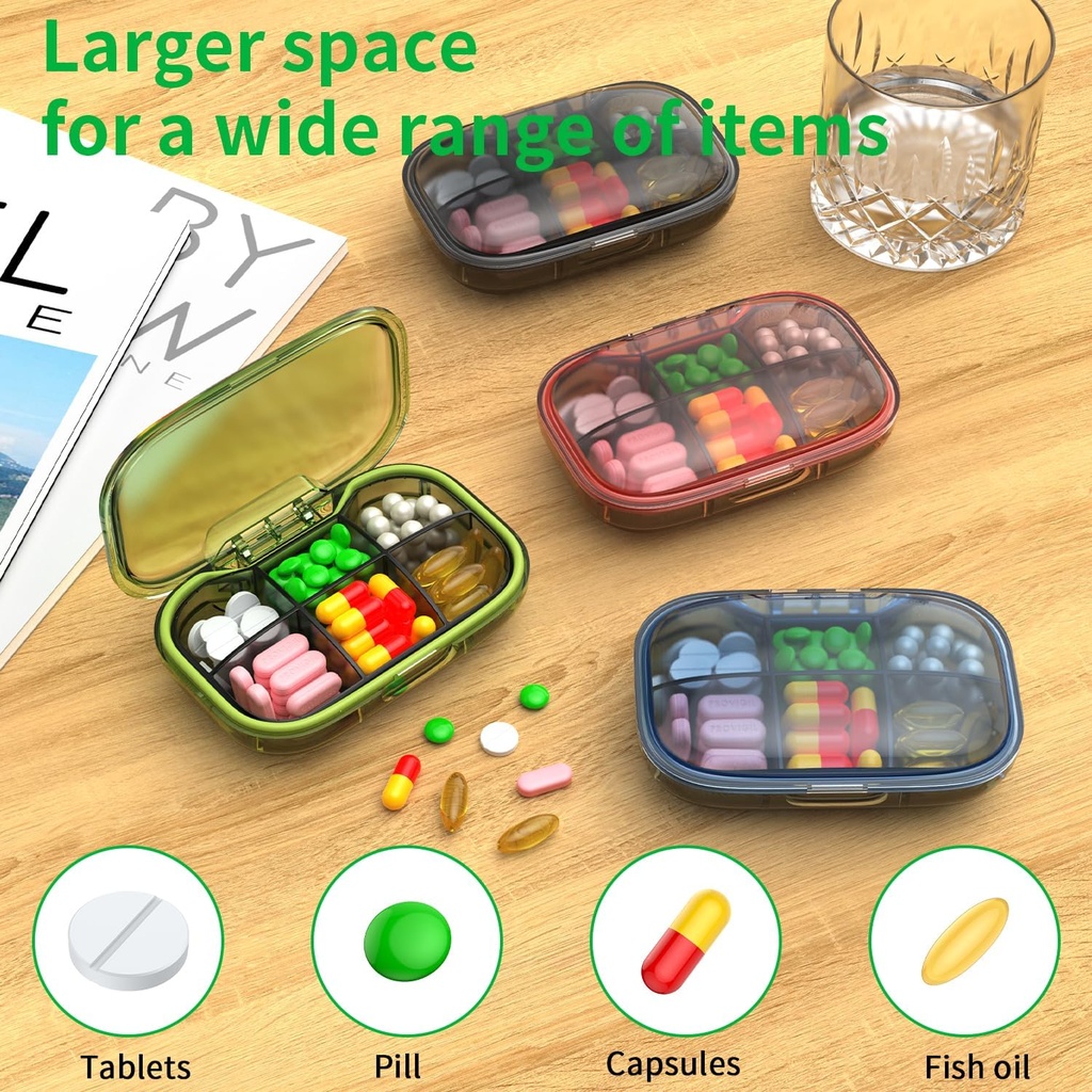 6 Compartment Travel Pill Organizer, Moisture Proof Case for Pocket Purse, Daily Portable Medicine Vitamin Container, Fish Oil and Supplement Box (Black) 6