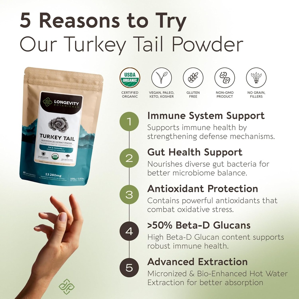 Organic Turkey Tail Mushroom Powder Supplement 100g | Pure Fruiting Body 10:1 High Strength Extract | 50% Beta-D Glucans | 16,600mg Raw Equivalent Per Serving | Immune, Gut & Microbiome Support 6