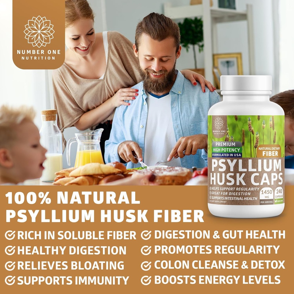 N1N Premium Psyllium Husk Capsules [All Natural,1450 MG] Powerful Soluble Fiber Supplement to Support Regularity and Digestive Health, 240 Caps 5