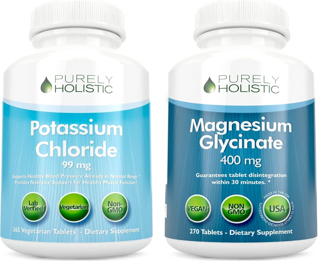 Potassium Chloride 99mg + Magnesium Glycinate 400mg - 365 + 270 Tablets - Vegetarian Bundle - Made in USA 2