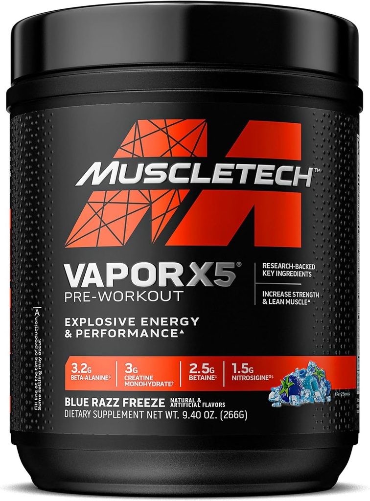 MuscleTech Pre-Workout Powder, Vapor X5 - Sports Nutrition Muscle Building Supplements for Women & Men - Intense Muscle Pump Energy Powder Drink Mix - Blue Razz Freeze, 266g (30 Servings) 2