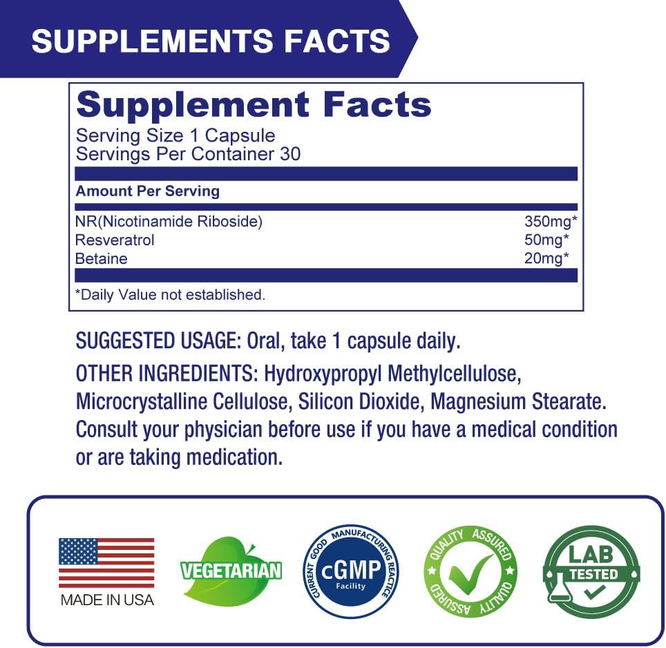 Lovita NR (Nicotinamide Riboside) 350 mg, NAD Supplement with Trans-Resveratrol and Betaine, Promote NAD Plus Levels, Healthy Aging, 30 Vegan Enteric-Coated Capsules 6