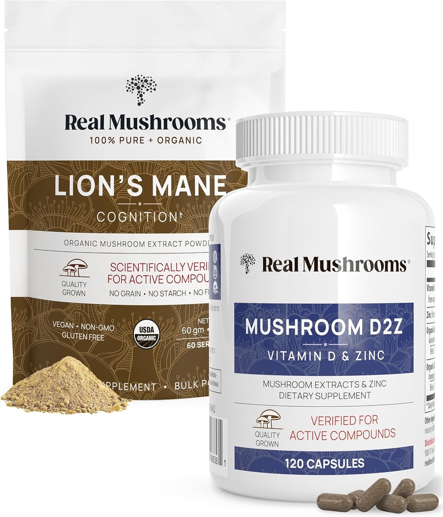 Real Mushrooms Vitamin D2, Chelated Zinc, Chaga, Reishi (120ct) and Organic Lion's Mane Powder (60 Servings) Bundle - Immunity and Cognitive Support, Improved Absorption - Vegan, Gluten Free, Non-GMO 2