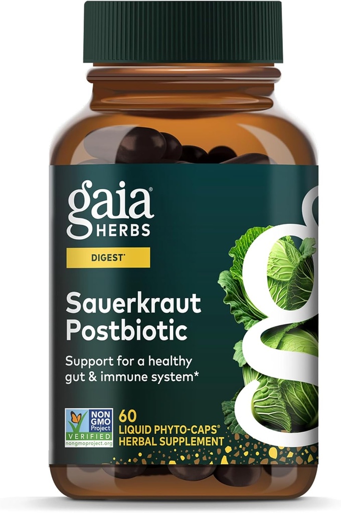 Gaia Herbs Sauerkraut Postbiotic - Natural Gut Health & Immune Support Supplement - Made with Fermented Sauerkraut - Free from Dairy, Soy & Gluten - 60 Vegan Capsules (30 Servings) 2