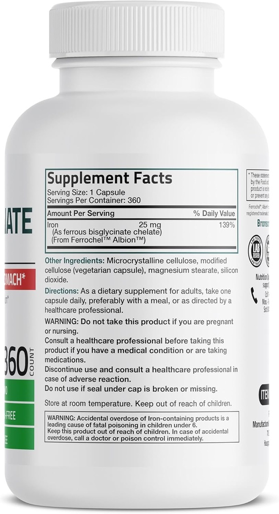 Bronson Iron Bisglycinate 25 mg Gentle on The Stomach, Supports Energy & Healthy Red Blood Cell Production - Non-Constipating Formula - Non GMO, 360 Vegetarian Capsules 3