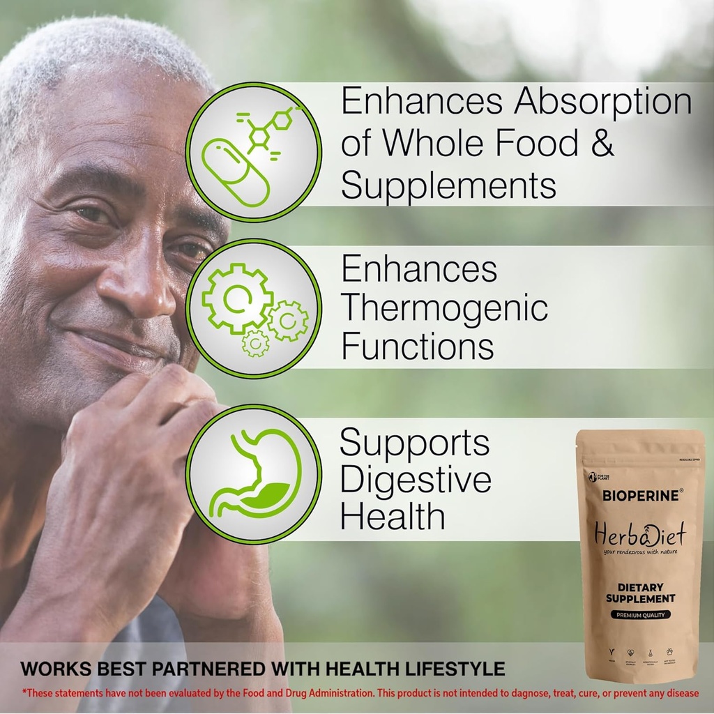 Herbadiet Bioperine Powder | Black Pepper Extract Powder Piperine 95% by HPLC | Bioavailability Enhancer, Boosts Nutrients Uptake | Gluten Free, Non-GMO Bulk Supplement (14 gram/ 0.5 oz) 6