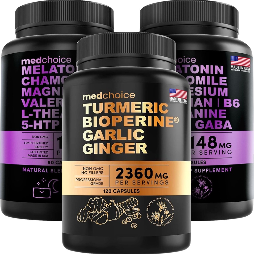 MEDCHOICE Turmeric & Ginger (120ct) and Sleep Melatonin (180ct) Supplement Bundle - Wellness Duo for Joint, Digestion, Sleep, & Immune Support - Vegan, Non-GMO, Gluten-Free 2