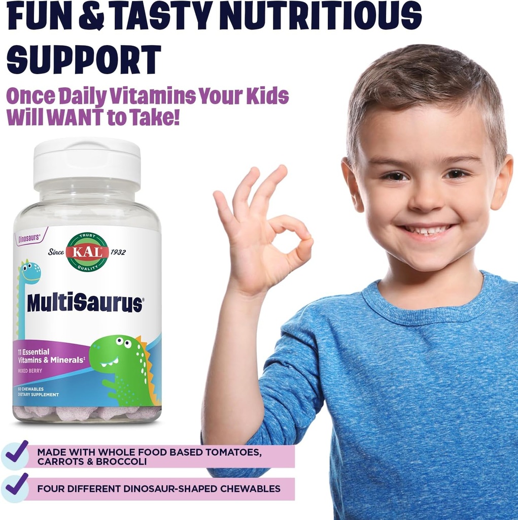 KAL MultiSaurus Kids Chewable Multivitamins, 11 Essential Vitamins and Minerals for Kids, Mixed Berry Flavor, Gluten and Preservative Free, 60 Servings, 60 Dinosaur-Shaped Chewables 4