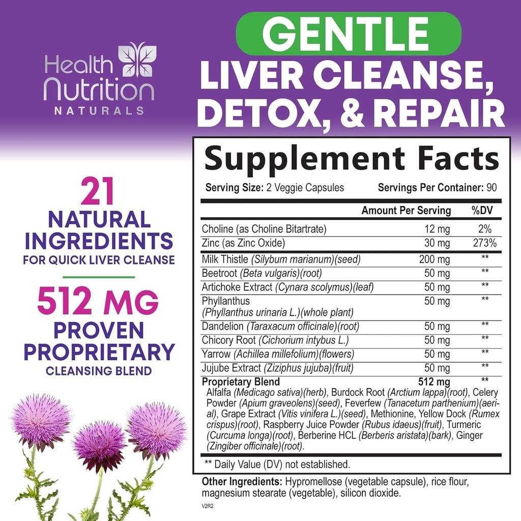 Gentle Liver Cleanse Detox & Repair Formula - Advanced Liver Support Supplement with Silymarin Milk Thistle, Dandelion Root, Artichoke Extract, Turmeric, Choline, & Beetroot - 180 Veggie Capsules 3