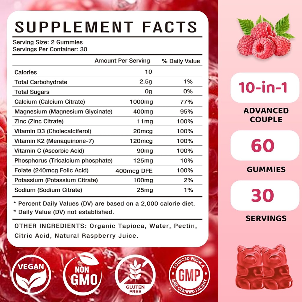 Calcium Magnesium Zinc Gummies – Calcium with Vitamin D3 & K2, Calcium Citrate Gummies for Bone, Muscle, Calm & Zzz Support –High Absorption Magnesium, Raspberry Flavored, 60 Count 3