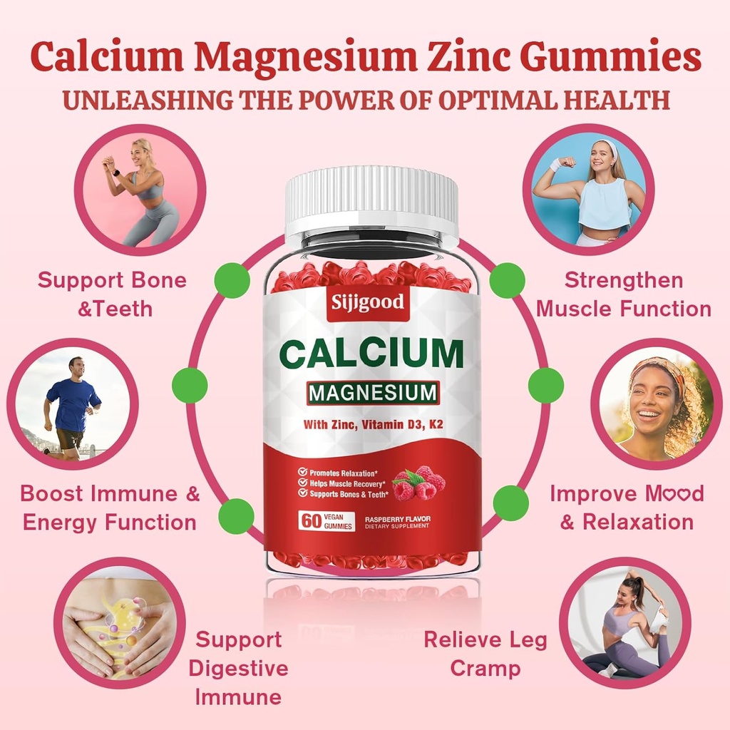 Calcium Magnesium Zinc Gummies – Calcium with Vitamin D3 & K2, Calcium Citrate Gummies for Bone, Muscle, Calm & Zzz Support –High Absorption Magnesium, Raspberry Flavored, 60 Count 4
