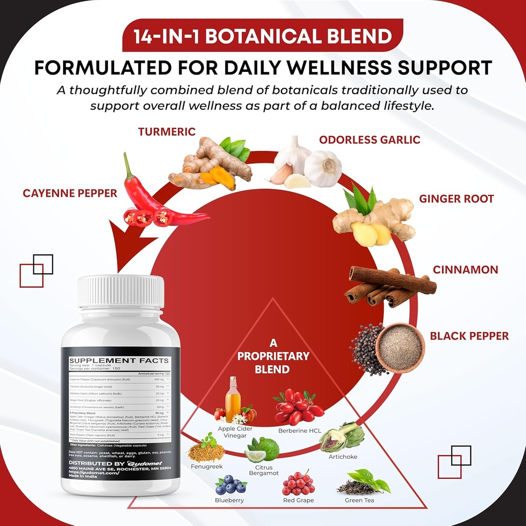 Cayenne Pepper Turmeric Odorless Garlic Cinnamon Fenugreek Citrus Bergamot Artichoke Blueberry Green Tea Black Pepper -150 Capsules- Made in USA 5