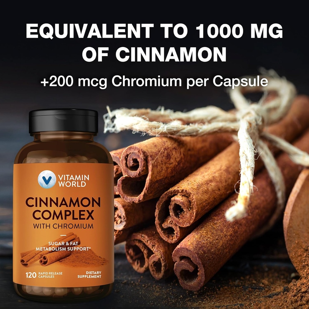Vitamin World Cinnamon Complex with Chromium, 1000 mg Cinnamon Supplements with High-Potency Chromium for Healthy Metabolism & Antioxidant Protection, 120 Capsules, 2 Month Supply, Gluten Free 4