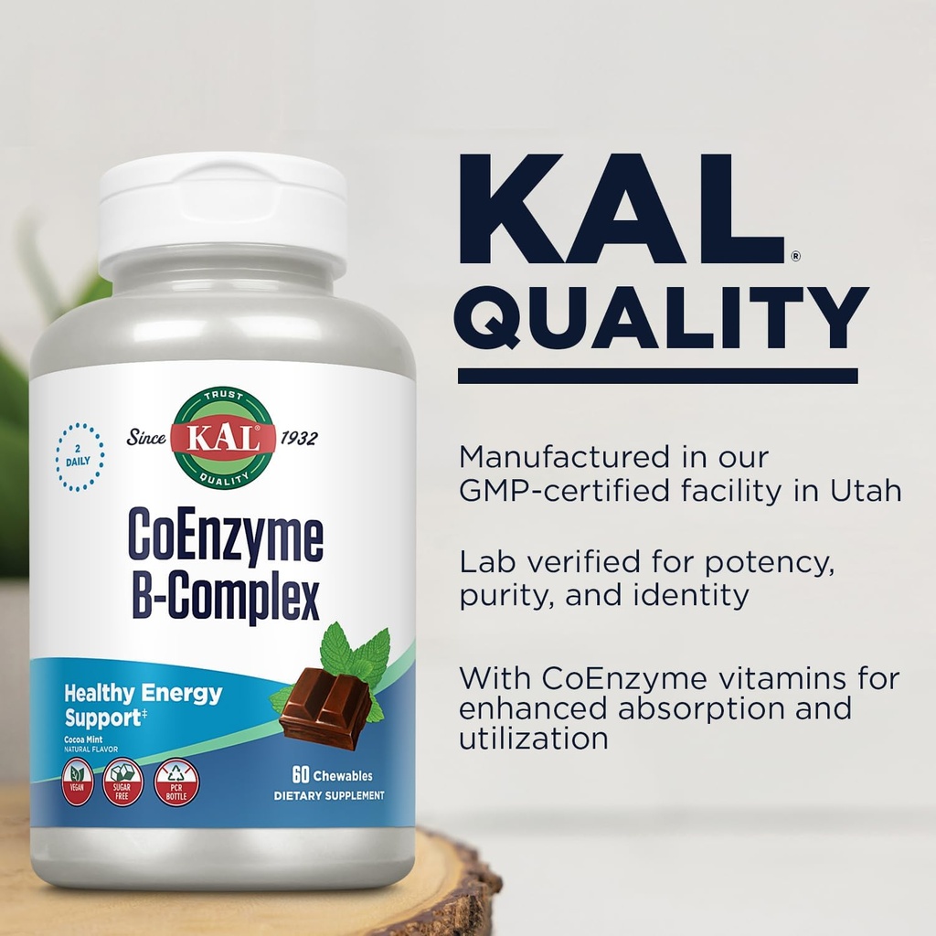 KAL CoEnzyme Vitamin B Complex, Chewable B Vitamins for Healthy Energy, Red Blood Cell and Nerve Function Support w/Vitamin B12, B6, Folic Acid, Natural Cocoa Mint, Vegan, Sugar Free, 30 Serv, 60ct 6