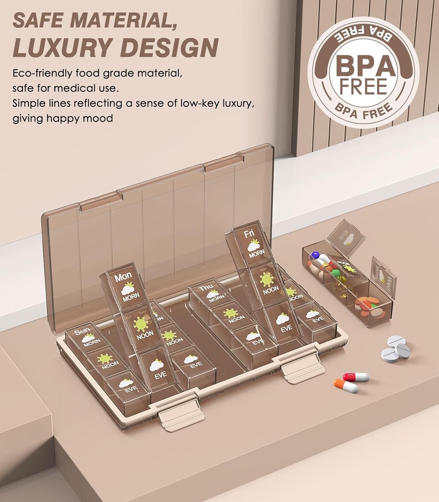 Medilax Pill Organizer 3X a Day, Pill Boxes and Organizer 3 Times a Day, Pill Box 7 Day，Pill Case with Triple-Protective, Pill Containers for Vitamins/Medication/Supplements, Coffee 3