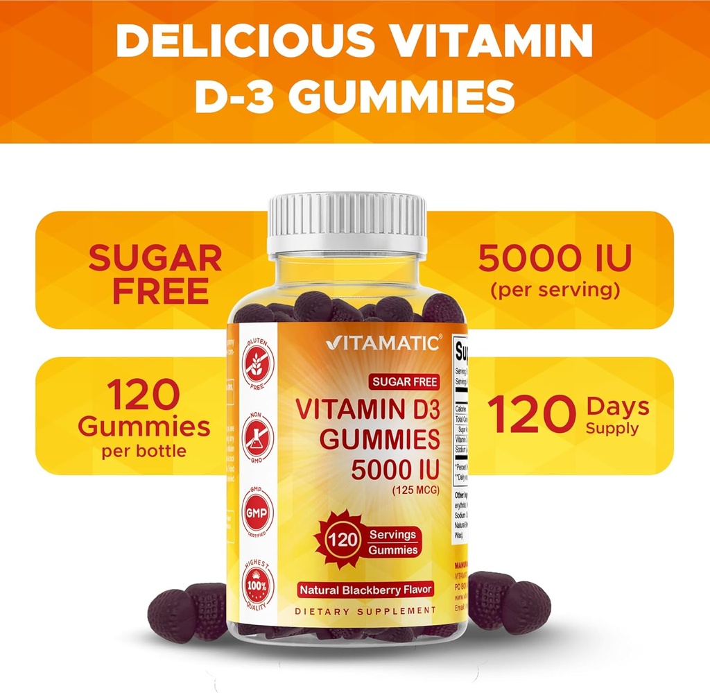 Vitamatic Sugar Free Vitamin D3 5000 IU - 120 Gummies - Great Taste - Healthy Bones, Mood & Immune System Function - Non-GMO - 120 Servings (5000 IU) 5