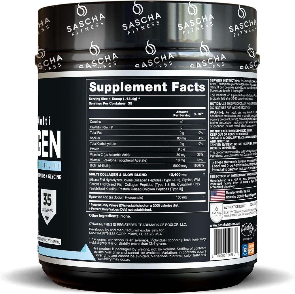SASCHA FITNESS Hydrolyzed Multi Collagen Peptides Tipes 1,2 & 3 |Hyaluronic Acid|Biotin |Cynatine HSN|Vitamin C & E |for Hairs, Skin & Bone Support| Unflavored 3