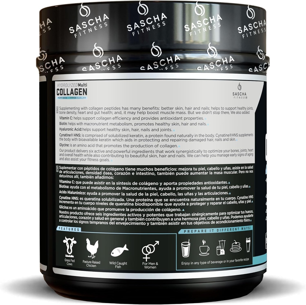 SASCHA FITNESS Hydrolyzed Multi Collagen Peptides Tipes 1,2 & 3 |Hyaluronic Acid|Biotin |Cynatine HSN|Vitamin C & E |for Hairs, Skin & Bone Support| Unflavored 4