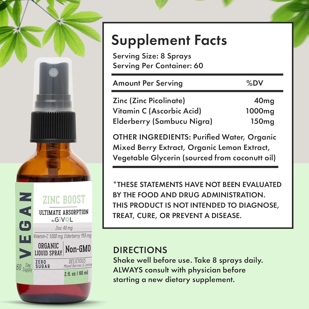Organic ZINC Boost Mist 40 mg (Extra Strength) - Sugar Free with Vit C and Elderberry Extract - Vegan Liquid Spray for Kids and Adults - Easy Absorption - Non-GMO - (60 ml) 60 Days Supply 4