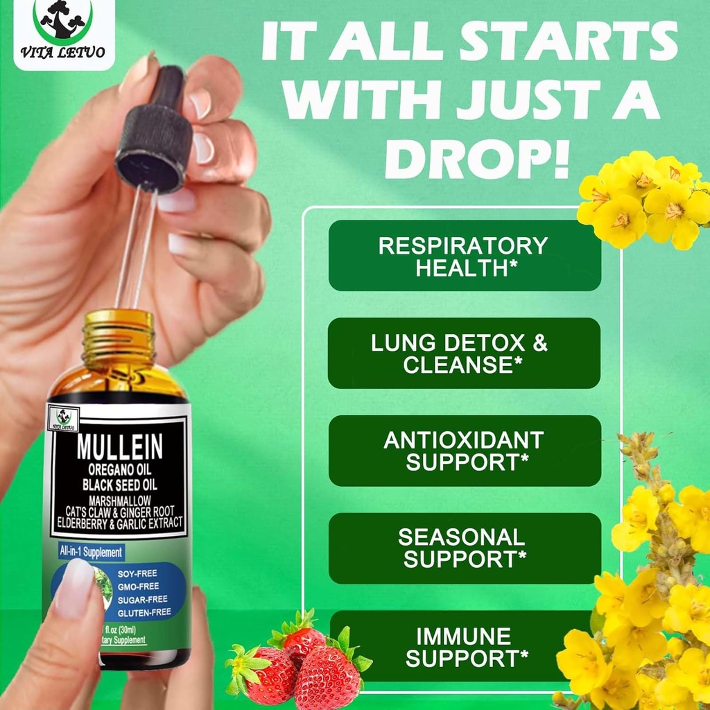 16-in-1 Organic Mullein Drops for Lungs | Mullein Leaf Extract w/Oil of Oregano with Black Seed Oil | Non-GMO&Gluten Free Respiratory Health Liquid Drops | Mullein Supplement Cleanse for Smokers 6