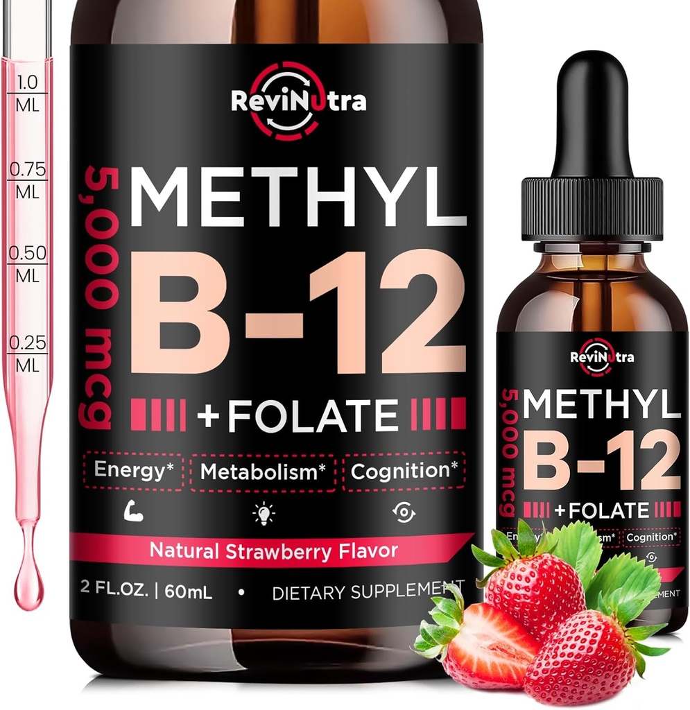 Vitamin B12 liquid Drops, B12 vitamins 5000 mcg, Vitamin B Complex Supplement with Methylcobalamin B12 Sublingual, Vitamin B6, Folate for Energy, Brain, Heart Health, Vegan Strawberry Flavor 2 Fl Oz 2