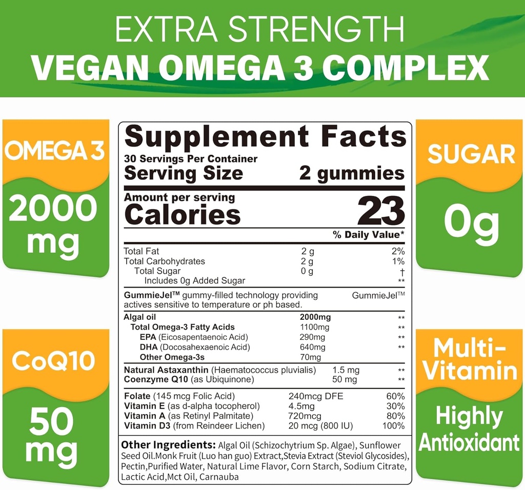 Sugar Free Omega 3 Fatty Acid 2000mg With 640mg DHA & 290mg EPA, Multivitamin, CoQ10, Astaxanthin + Ginger Filled Gummies for Nausea - Stomach Relief - Ultra Absorption for Digestive Support 4