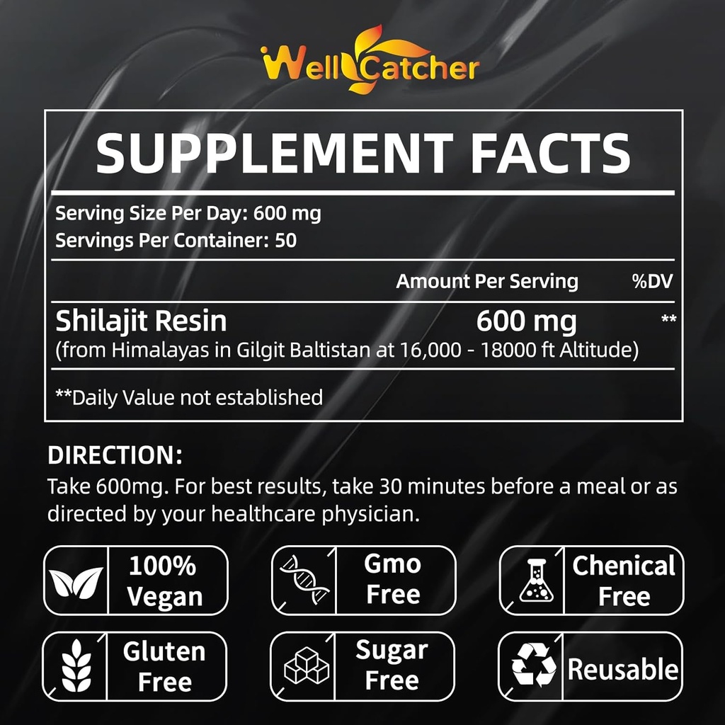 Pure Himalayan Shilajit Resin for Men Women: Natural Organic Shilajit Supplement 600MG Rich in 85+ Trace Minerals 75%+ Fulvic Acid for Energy Immunity Focus Support 50 Servings 6