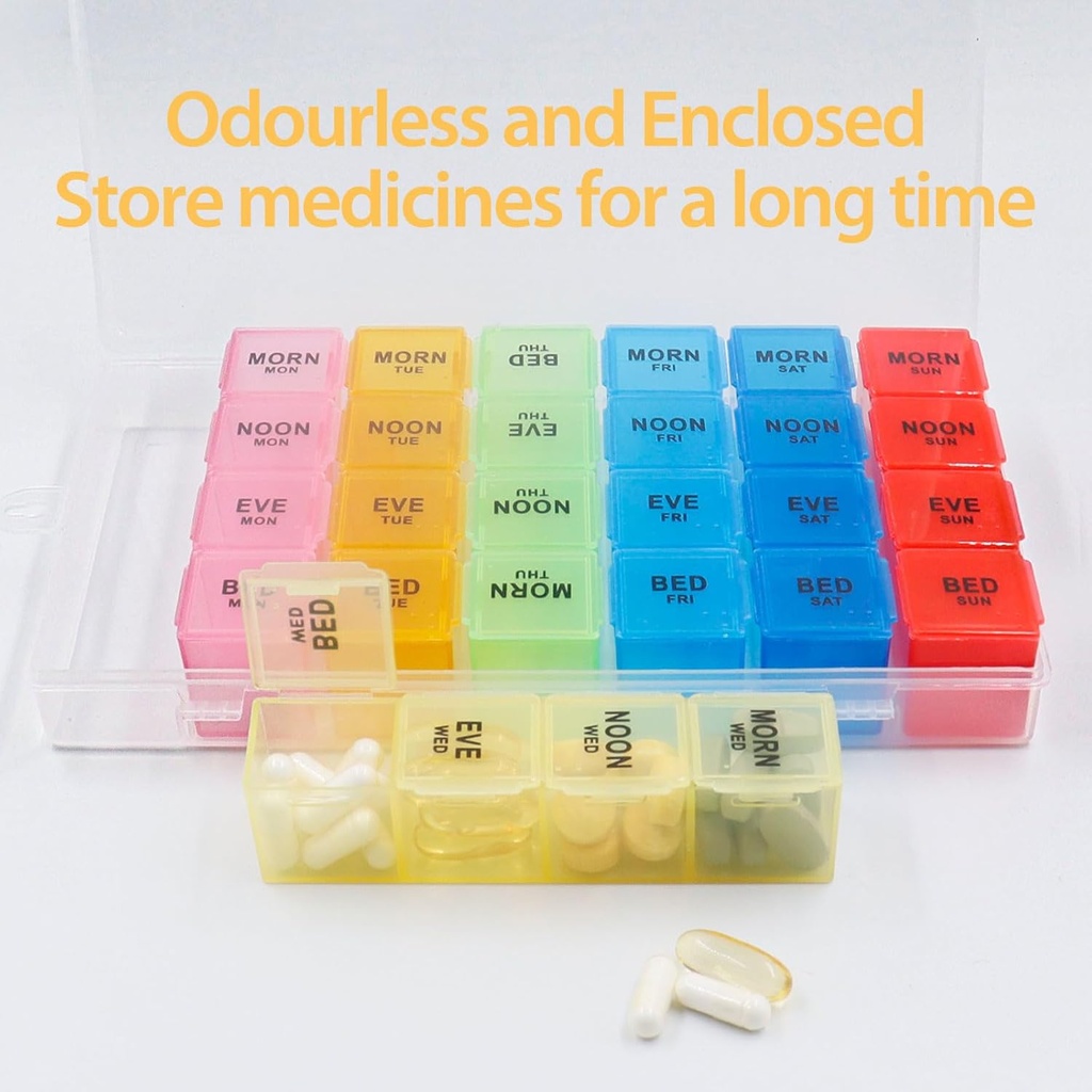 Weekly Pill Organizer 4 Times a Day, 7-Day Pill Boxes, Monthly Medication Organizer 28 Days Portable Compartments & Moisture-Proof Outer Case for Vitamins, Fish Oils, Supplements(Color) 4