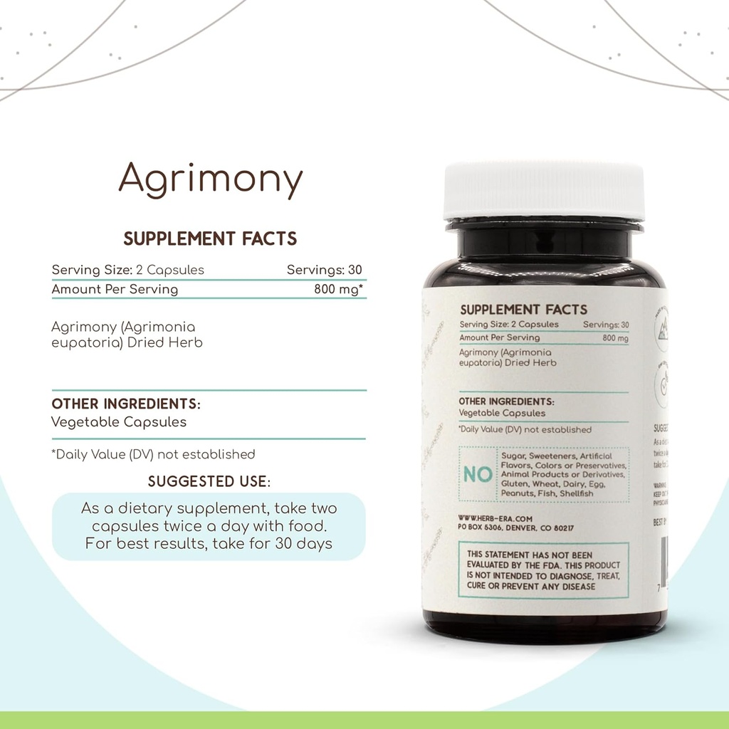 HerbEra Agrimony 60 Capsules, 400 mg, Agrimony (Agrimonia Eupatoria) Dried Herb (60 Capsules) 3
