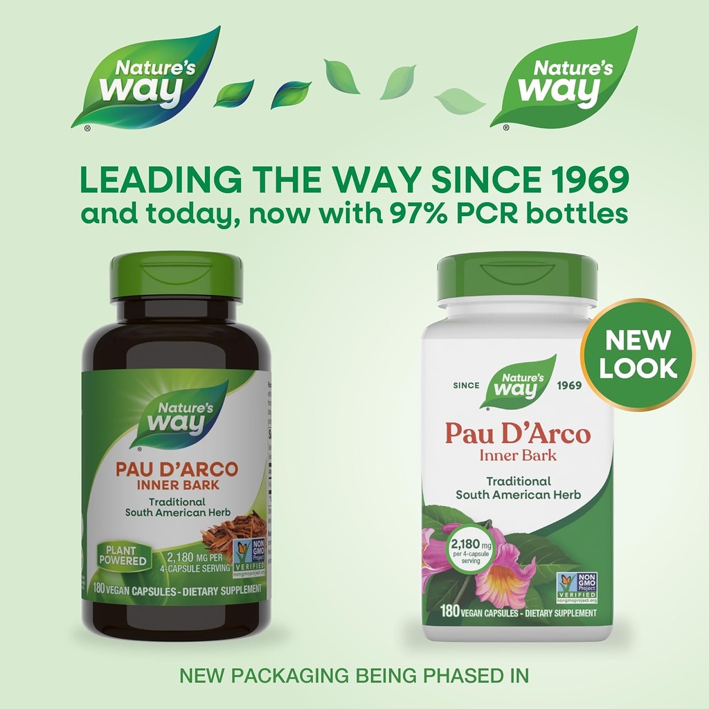 Nature's Way Pau d'Arco Inner Bark, Traditional South American Herb, 2,180 mg per 4-Capsule Serving, Non-GMO Project Verified, 180 Capsules (Packaging May Vary) 3