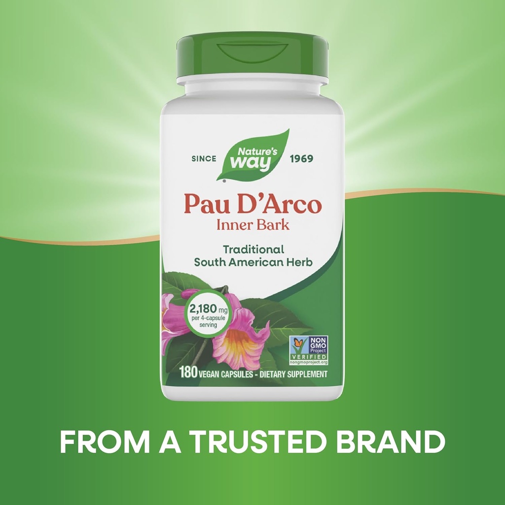 Nature's Way Pau d'Arco Inner Bark, Traditional South American Herb, 2,180 mg per 4-Capsule Serving, Non-GMO Project Verified, 180 Capsules (Packaging May Vary) 5
