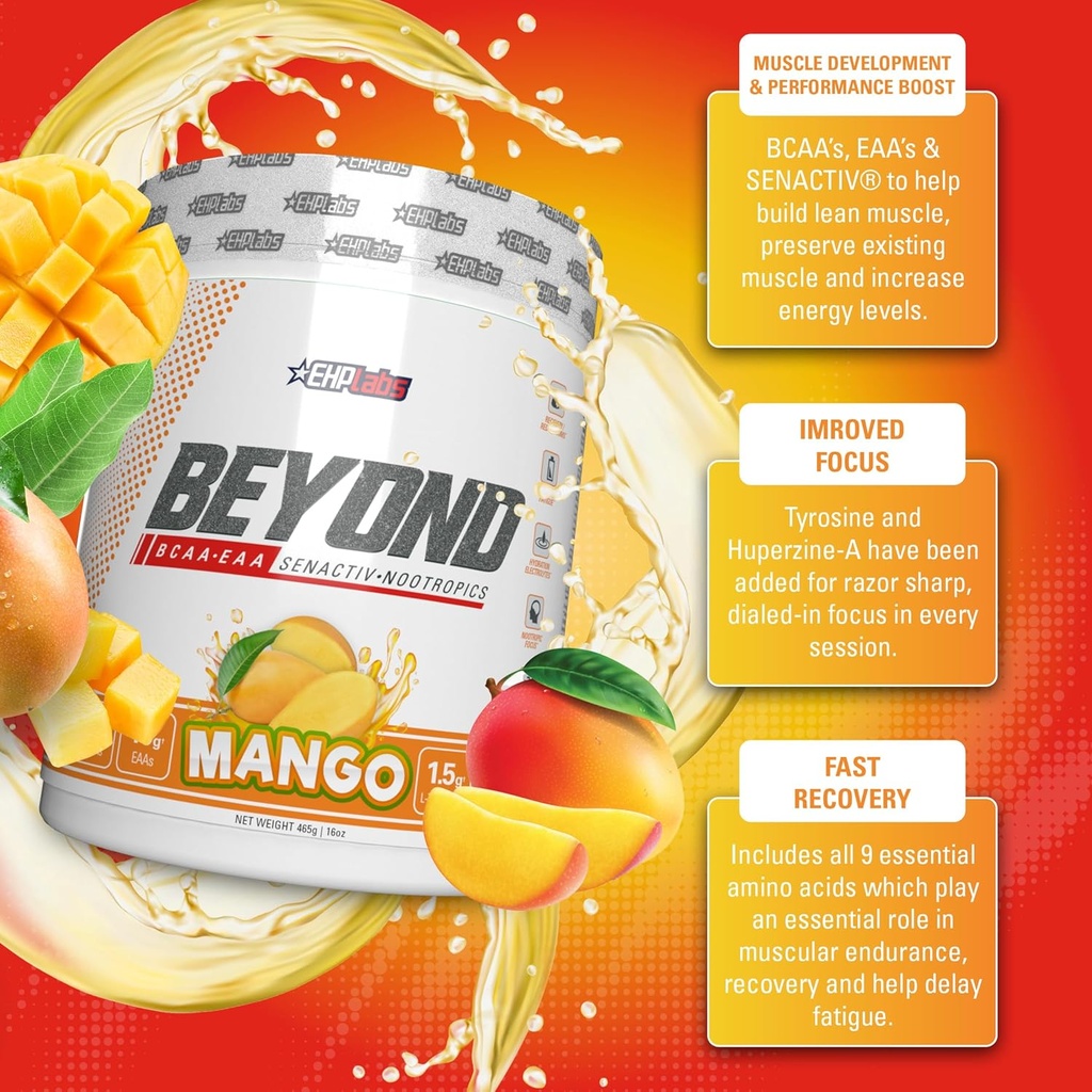 EHP Labs Beyond BCAA Powder Amino Acids Supplement for Muscle Recovery - 8g of Sugar Free BCAAs Amino Acids Post Workout Recovery Powder & 10g of EAA Amino Acids Powder - 60 Servings (Mango) 4