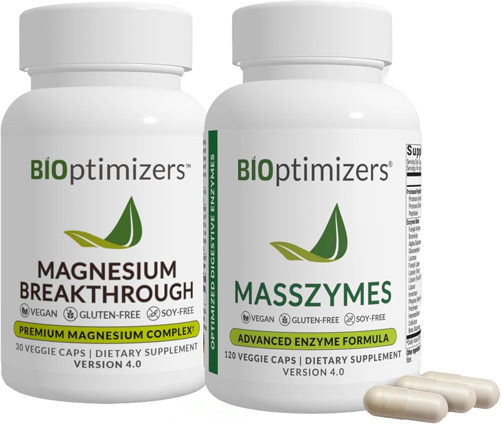 BiOptimizers Magnesium Breakthrough 4.0, (30 Capsules) & MassZymes 4.0, (120 Capsules) - Natural Sleep, Brain, and Digestive Health Support Supplement Bundle 2