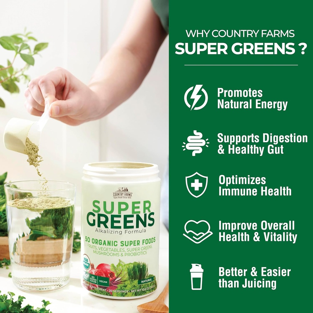COUNTRY FARMS Super Greens Power Pack, 50 Organic Super Foods, Greens Powder with Probiotics for Gut Health & Bloating Relief, Supports Energy, Unflavored & Berry, 40 Serving 6