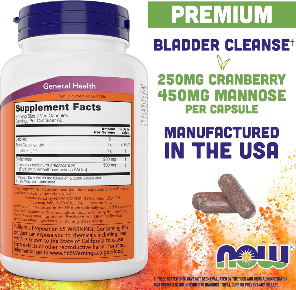 NOW Foods Mannose Cranberry, 120 Capsules (Pack of 2) - with PAC - 450mg dMannose, 250mg Whole Cranberry - Urinary Tract Health* - Vegan Friendly Supplement, Non-GMO 3